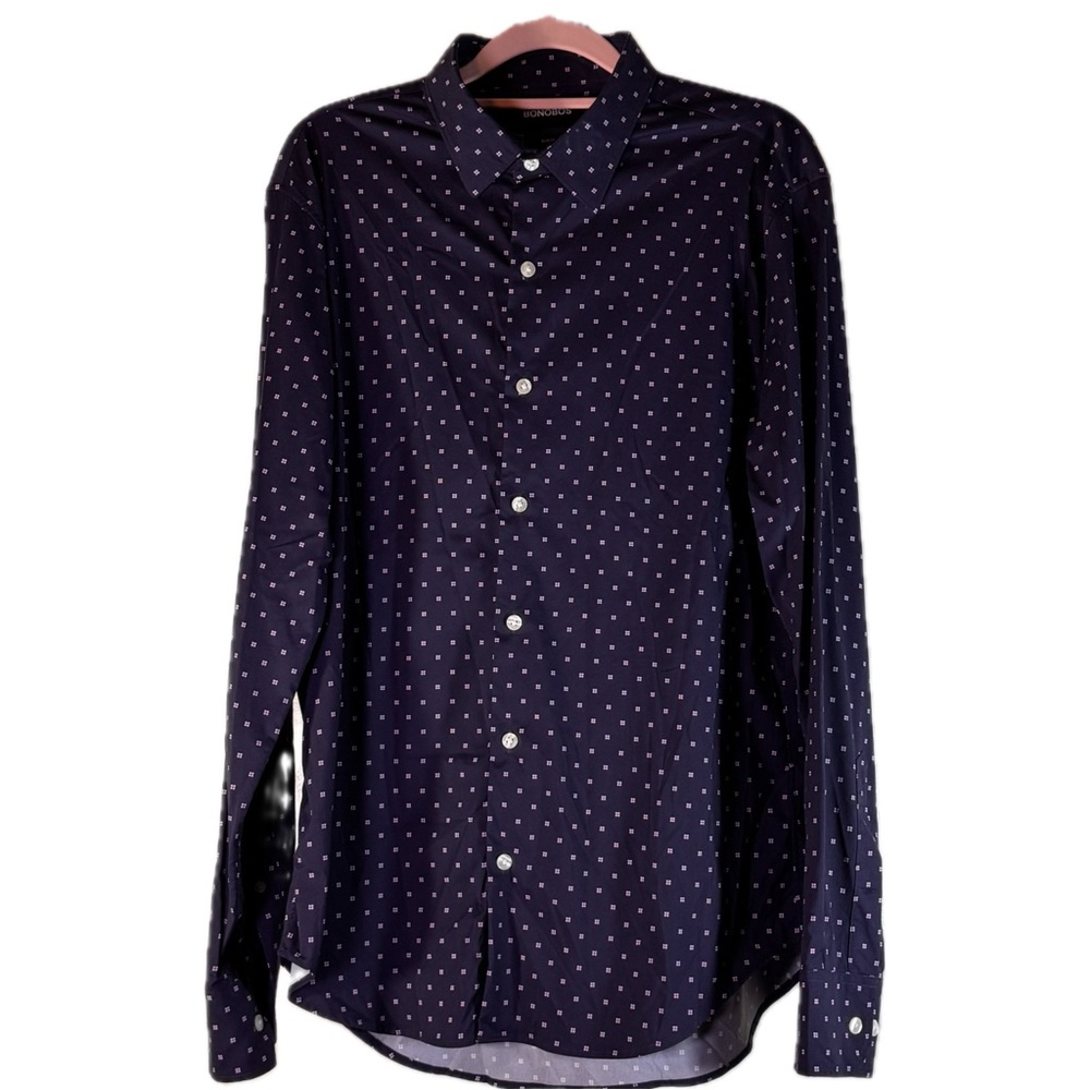 Bonobos Slim Fit Men's Dress Shirt Navy Pink Dot Pattern Size Medium